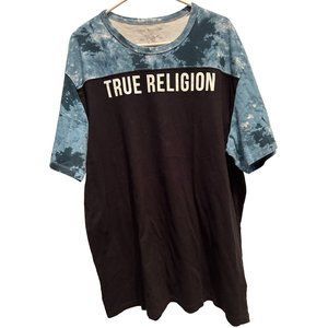 True Religion XL Pull Over Shirt, Black with Blue Pattern, Name across‎ Chest